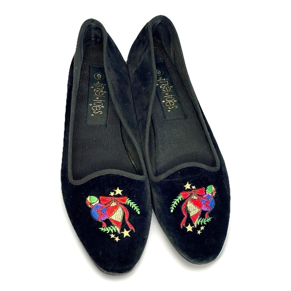 Tinsel Toes Womens Black Velvet Holiday Christmas Bell Embroidered Flats Size 9